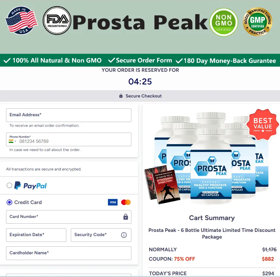 ProstaPeak prostate supplement secure checkout page - ClickBank order form with 180-day money back guarantee