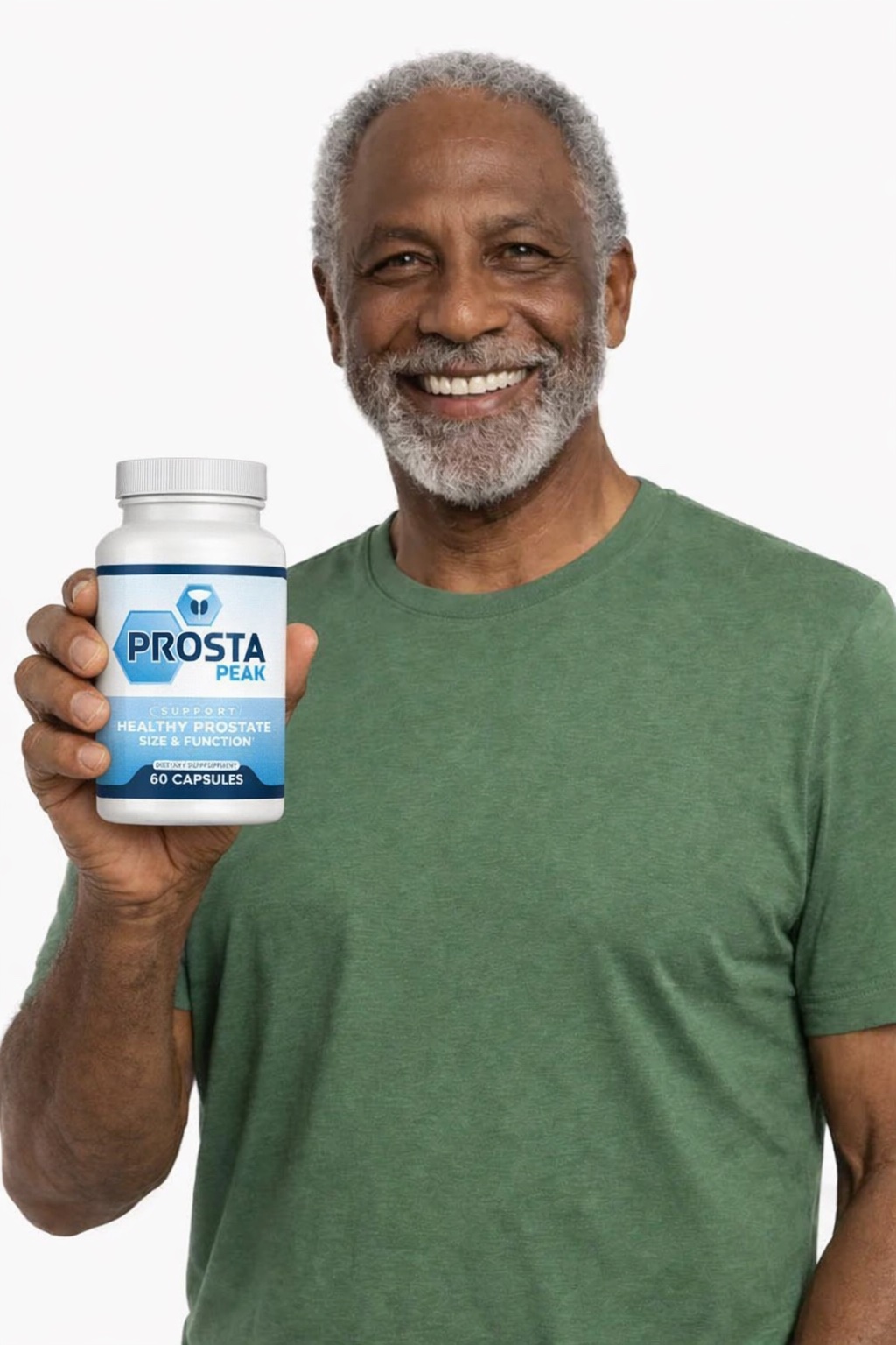 ProstaPeak customer review - satisfied man over 60 holding ProstaPeak prostate supplement bottle