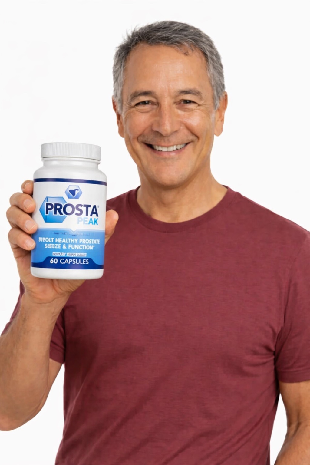 ProstaPeak customer review - satisfied man over 50 holding ProstaPeak prostate supplement bottle