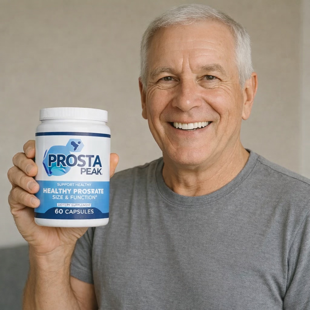 ProstaPeak customer review - satisfied man over 65 holding ProstaPeak prostate supplement bottle